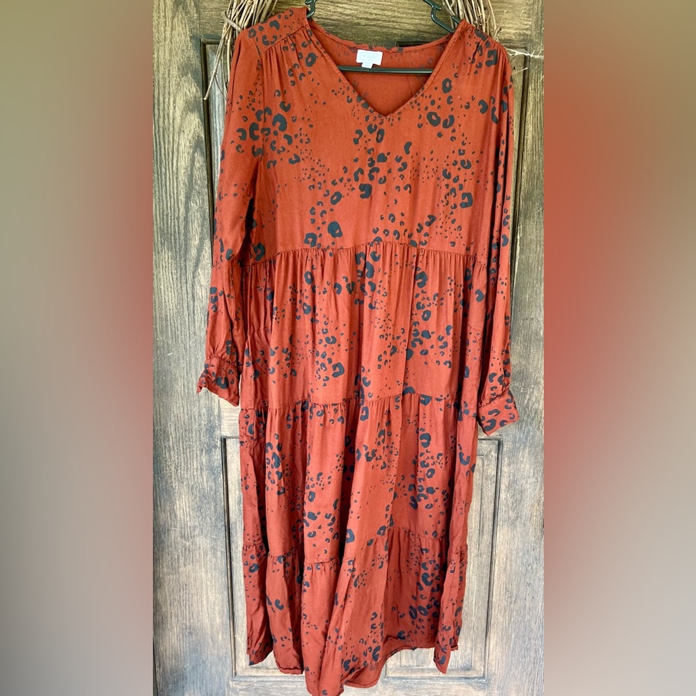 Mud Pie Rust Red Tiered V-Neck Maxi Dress with Black Spot Print